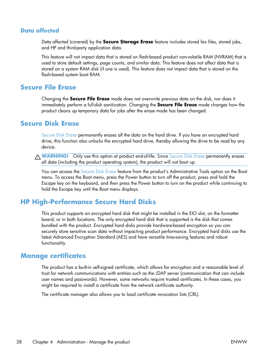 Data affected, Secure file erase, Secure disk erase | Hp high-performance secure hard disks, Manage certificates | HP Digital Sender Flow 8500 fn1 Document Capture Workstation series User Manual | Page 46 / 110