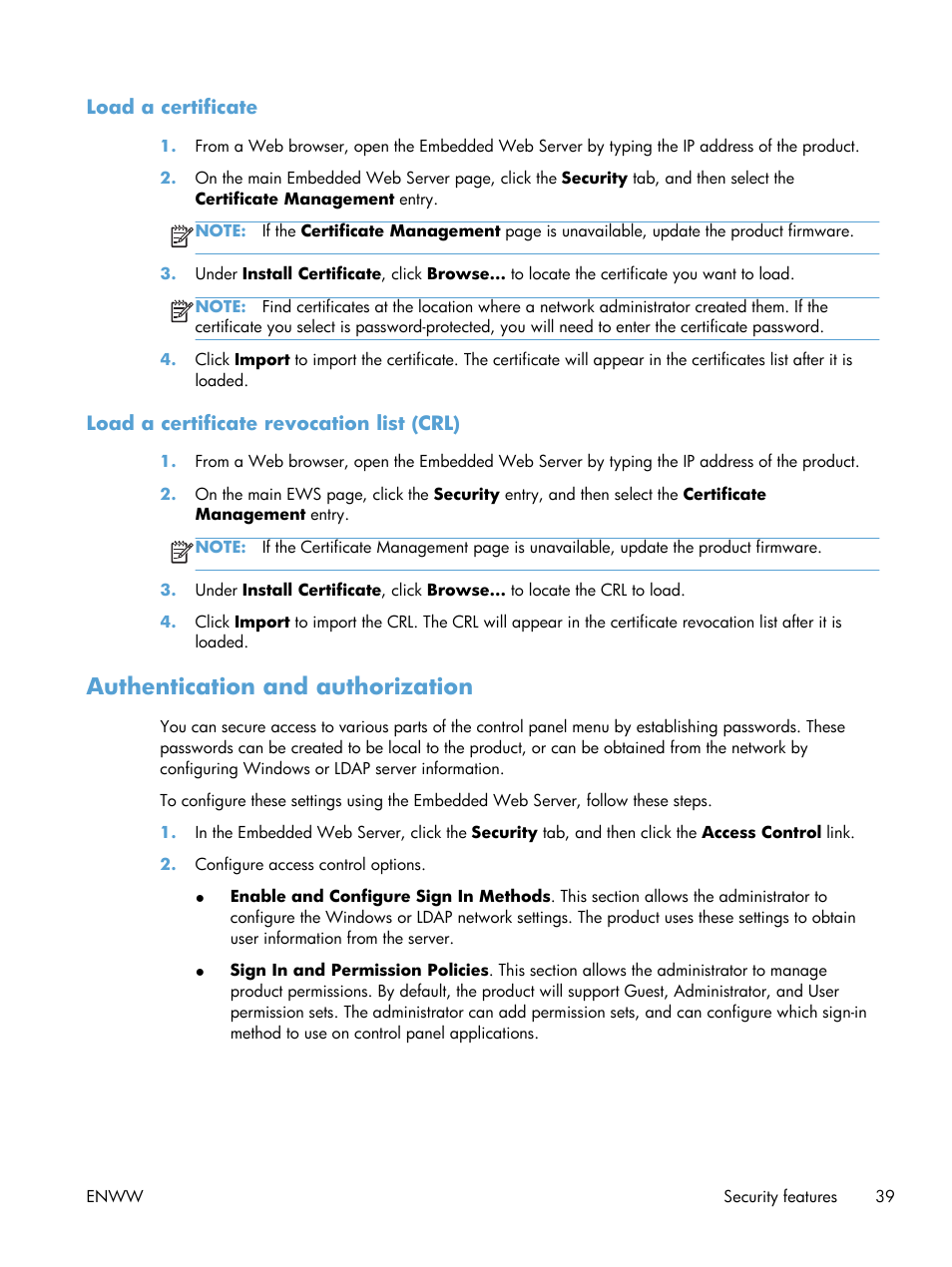 Load a certificate, Load a certificate revocation list (crl), Authentication and authorization | HP Digital Sender Flow 8500 fn1 Document Capture Workstation series User Manual | Page 47 / 110