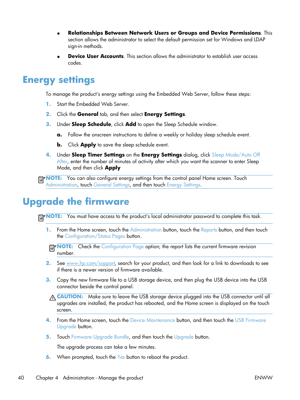 Energy settings, Upgrade the firmware, Energy settings upgrade the firmware | HP Digital Sender Flow 8500 fn1 Document Capture Workstation series User Manual | Page 48 / 110