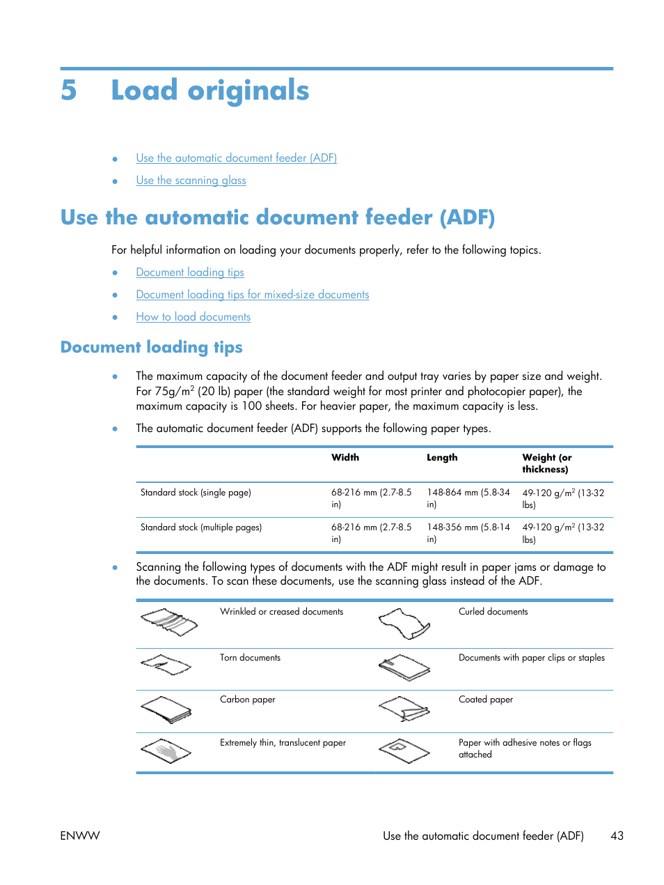 Load originals, Use the automatic document feeder (adf), Document loading tips | 5 load originals | HP Digital Sender Flow 8500 fn1 Document Capture Workstation series User Manual | Page 51 / 110