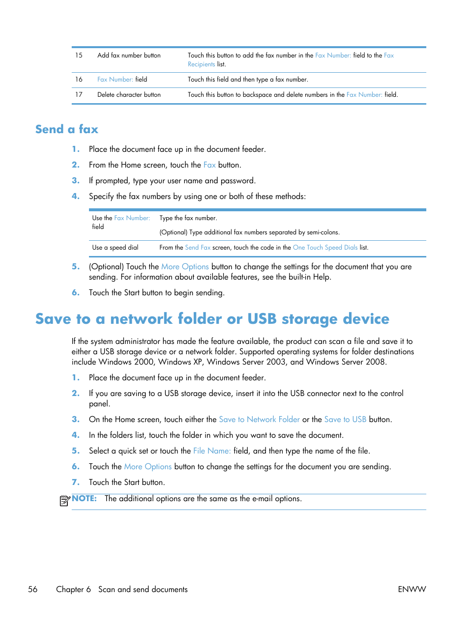 Send a fax, Save to a network folder or usb storage device | HP Digital Sender Flow 8500 fn1 Document Capture Workstation series User Manual | Page 64 / 110