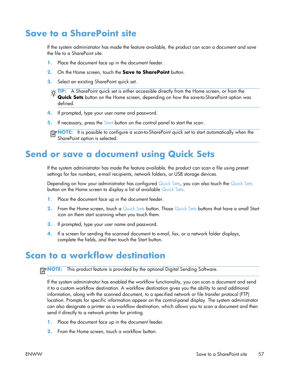 Save to a sharepoint site, Send or save a document using quick sets, Scan to a workflow destination | HP Digital Sender Flow 8500 fn1 Document Capture Workstation series User Manual | Page 65 / 110