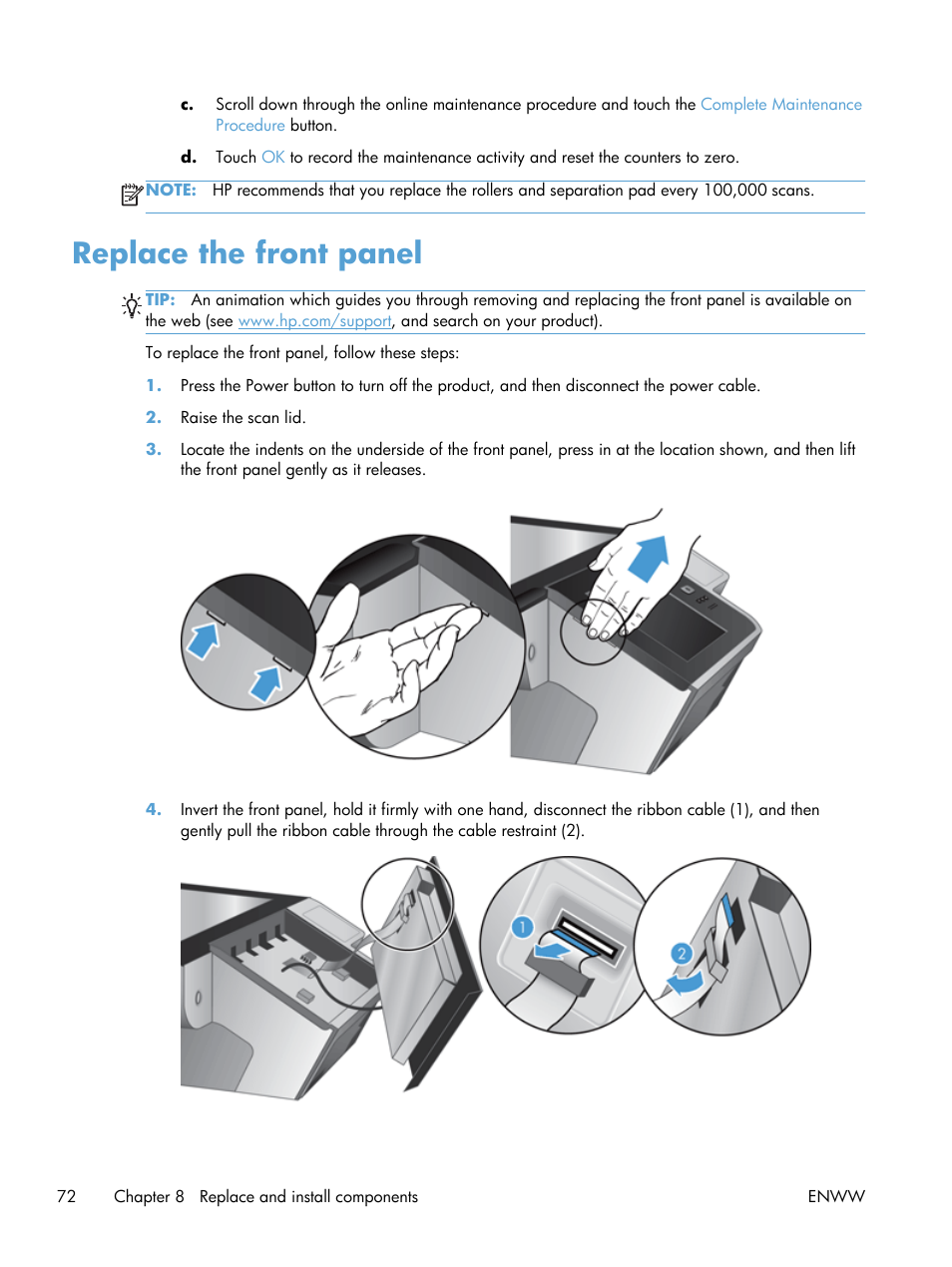 Replace the front panel | HP Digital Sender Flow 8500 fn1 Document Capture Workstation series User Manual | Page 80 / 110