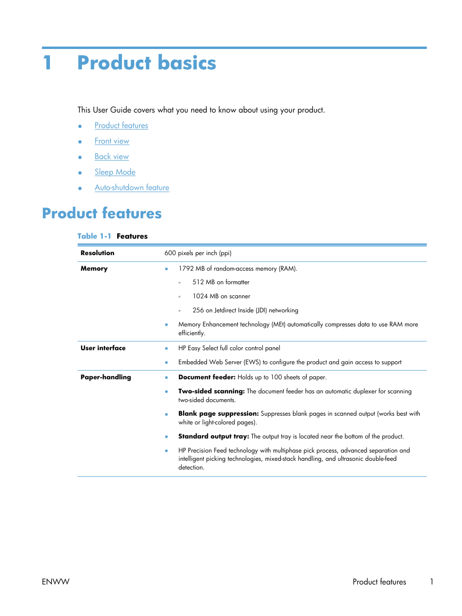 Product basics, Product features, 1 product basics | HP Digital Sender Flow 8500 fn1 Document Capture Workstation series User Manual | Page 9 / 110