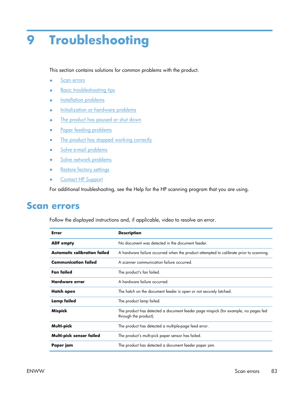Troubleshooting, Scan errors, 9 troubleshooting | HP Digital Sender Flow 8500 fn1 Document Capture Workstation series User Manual | Page 91 / 110