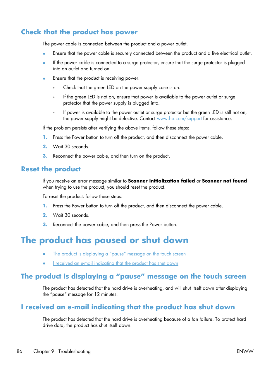 Check that the product has power, Reset the product, The product has paused or shut down | Check that the product has power reset the product | HP Digital Sender Flow 8500 fn1 Document Capture Workstation series User Manual | Page 94 / 110