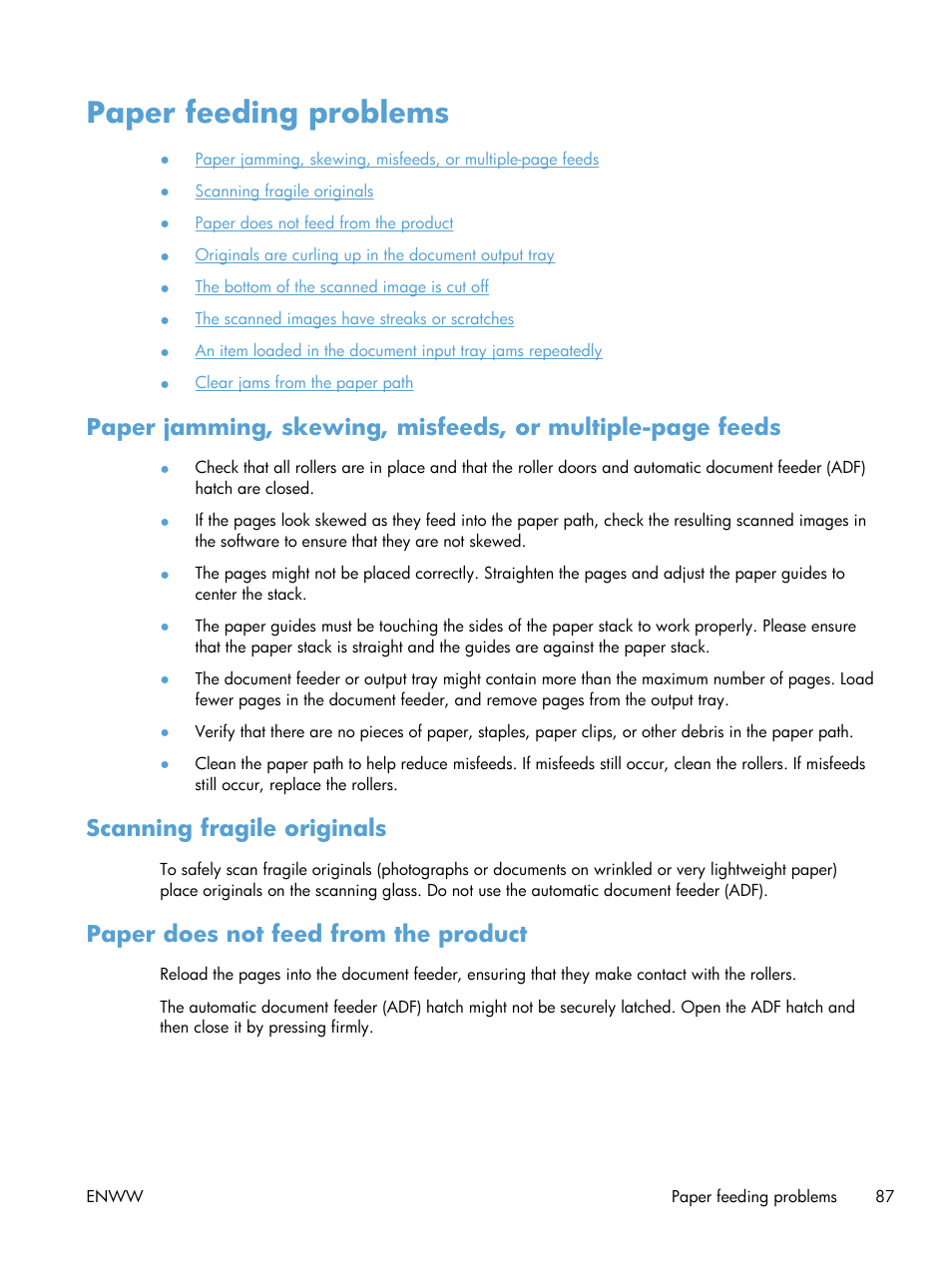 Paper feeding problems, Scanning fragile originals, Paper does not feed from the product | HP Digital Sender Flow 8500 fn1 Document Capture Workstation series User Manual | Page 95 / 110