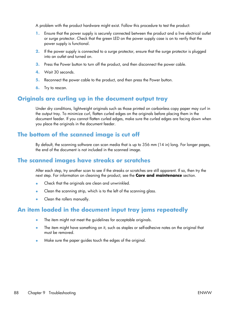 The bottom of the scanned image is cut off, The scanned images have streaks or scratches | HP Digital Sender Flow 8500 fn1 Document Capture Workstation series User Manual | Page 96 / 110