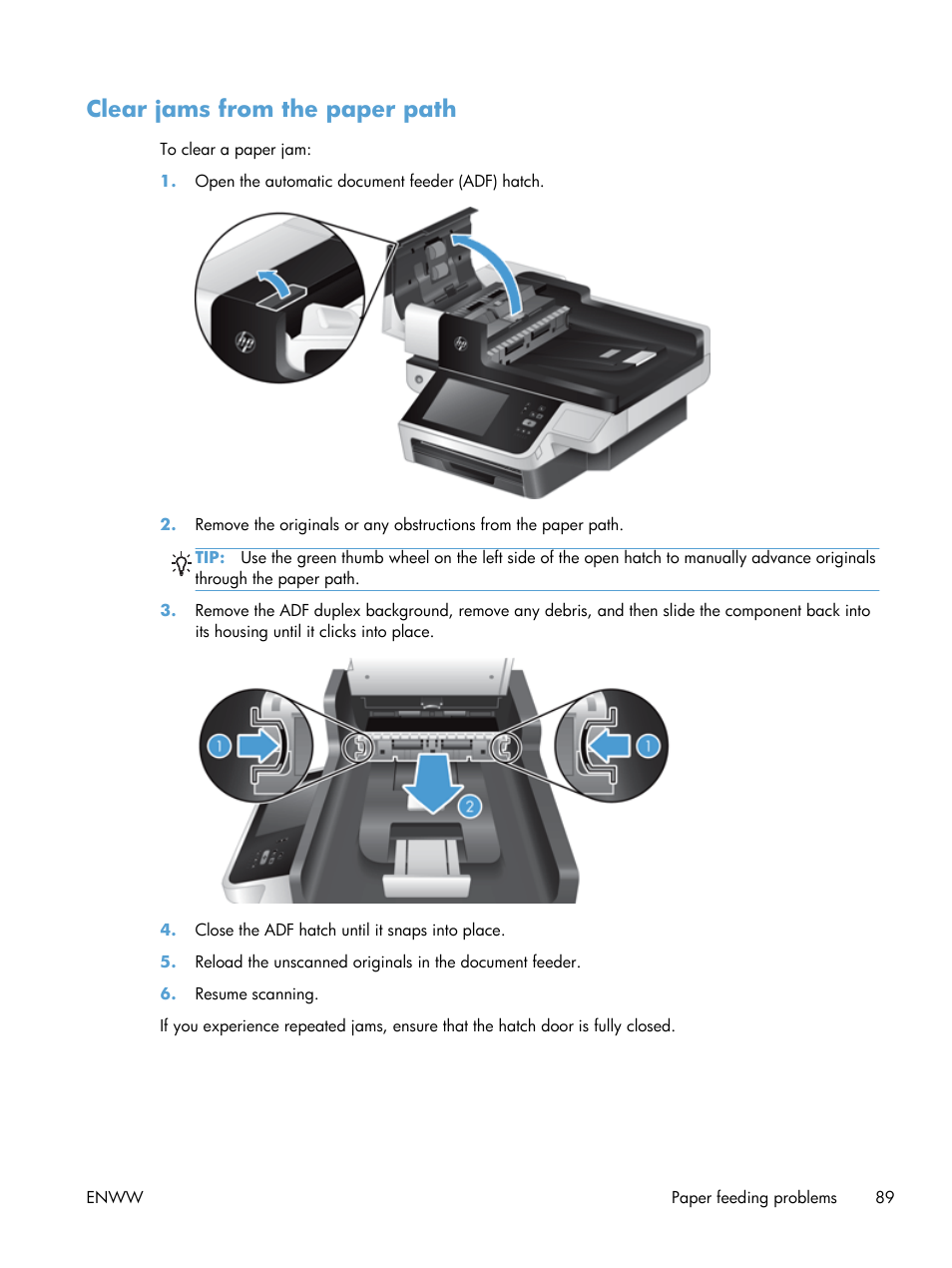 Clear jams from the paper path | HP Digital Sender Flow 8500 fn1 Document Capture Workstation series User Manual | Page 97 / 110