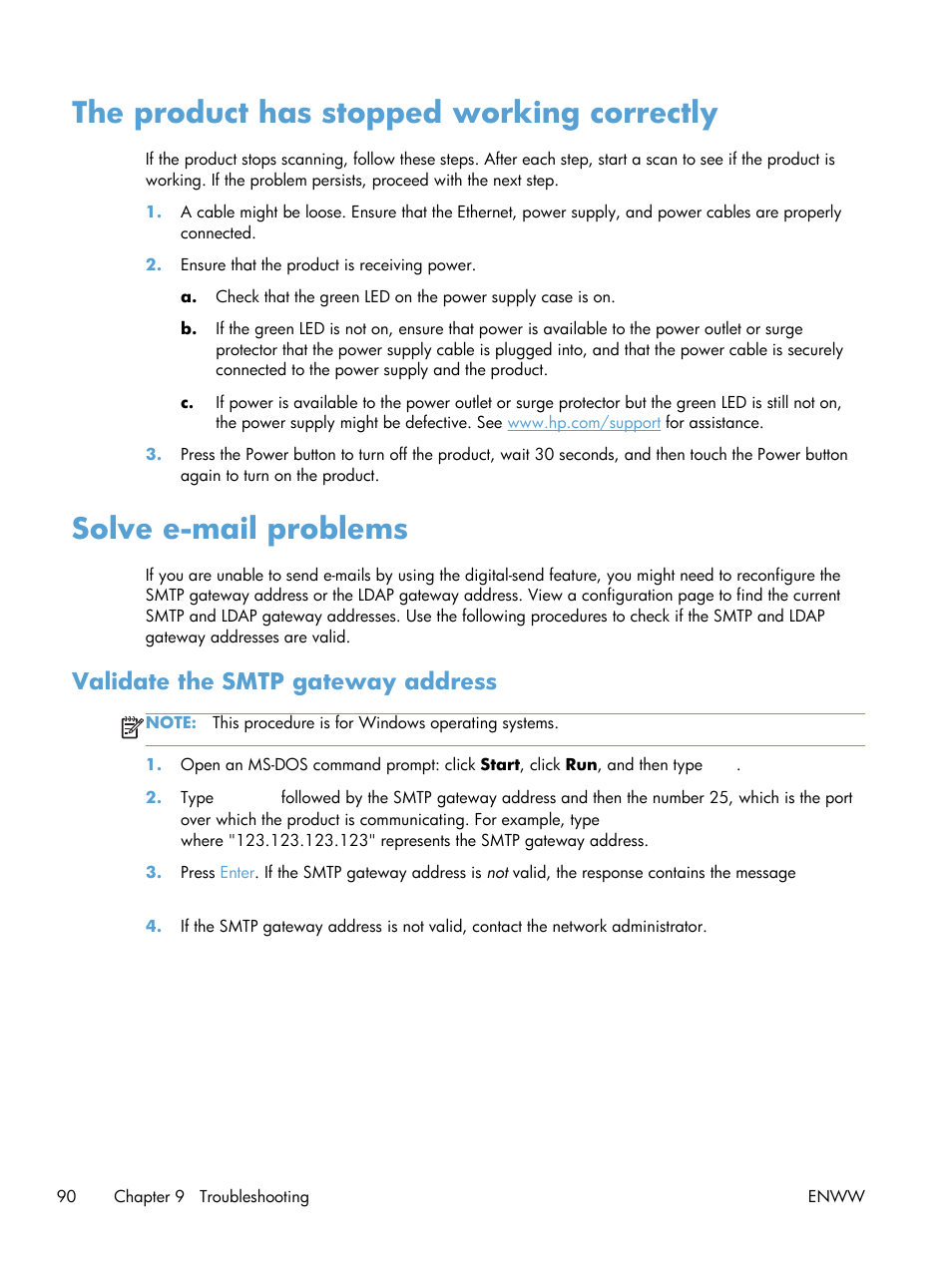 The product has stopped working correctly, Solve e-mail problems, Validate the smtp gateway address | HP Digital Sender Flow 8500 fn1 Document Capture Workstation series User Manual | Page 98 / 110