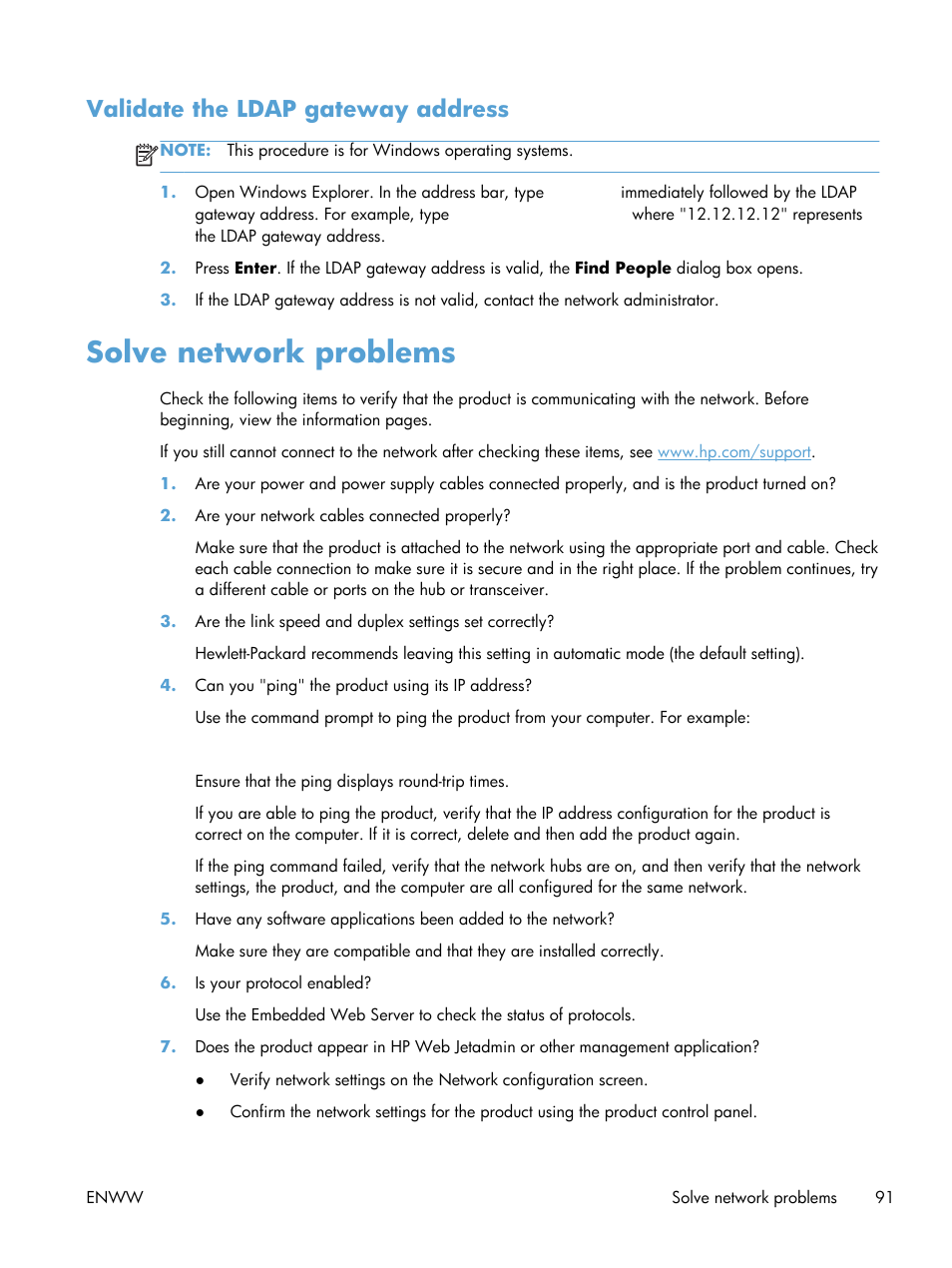 Validate the ldap gateway address, Solve network problems | HP Digital Sender Flow 8500 fn1 Document Capture Workstation series User Manual | Page 99 / 110
