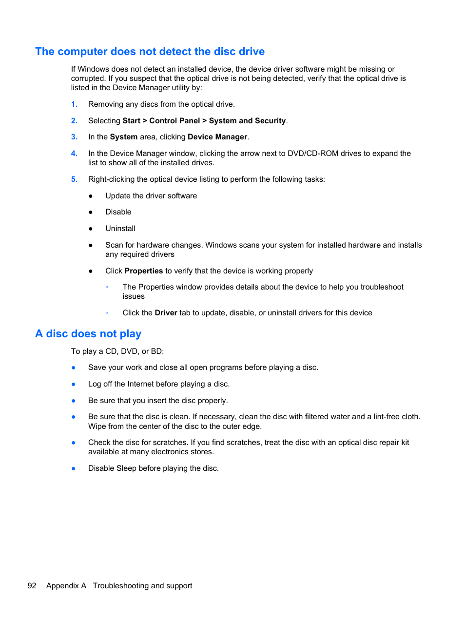 The computer does not detect the disc drive, A disc does not play | HP Pavilion dv7-6c73ca Entertainment Notebook PC User Manual | Page 102 / 117