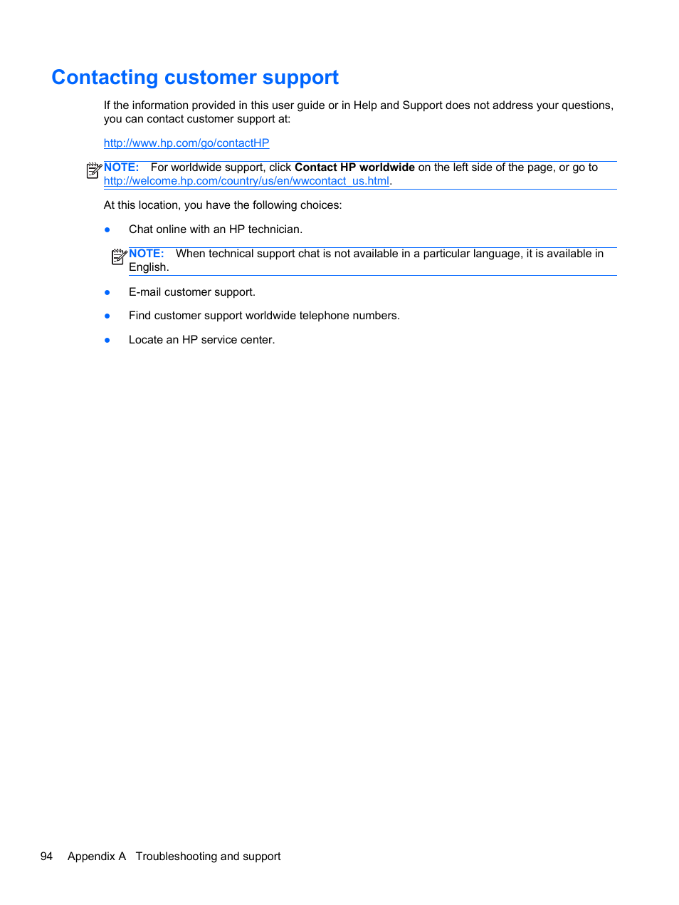 Contacting customer support | HP Pavilion dv7-6c73ca Entertainment Notebook PC User Manual | Page 104 / 117