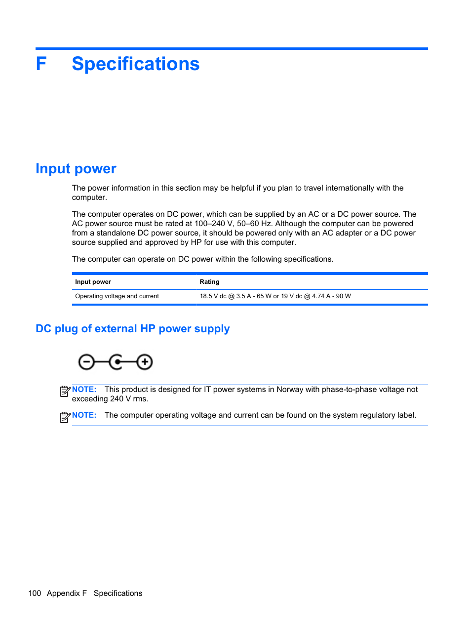 Specifications, Input power, Dc plug of external hp power supply | Appendix f specifications, Fspecifications | HP Pavilion dv7-6c73ca Entertainment Notebook PC User Manual | Page 110 / 117