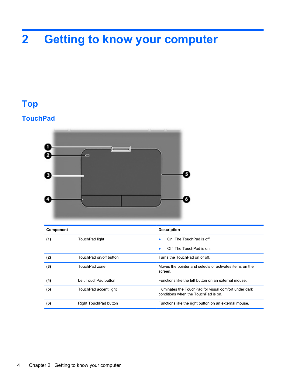 Getting to know your computer, Touchpad, 2 getting to know your computer | 2getting to know your computer | HP Pavilion dv7-6c73ca Entertainment Notebook PC User Manual | Page 14 / 117