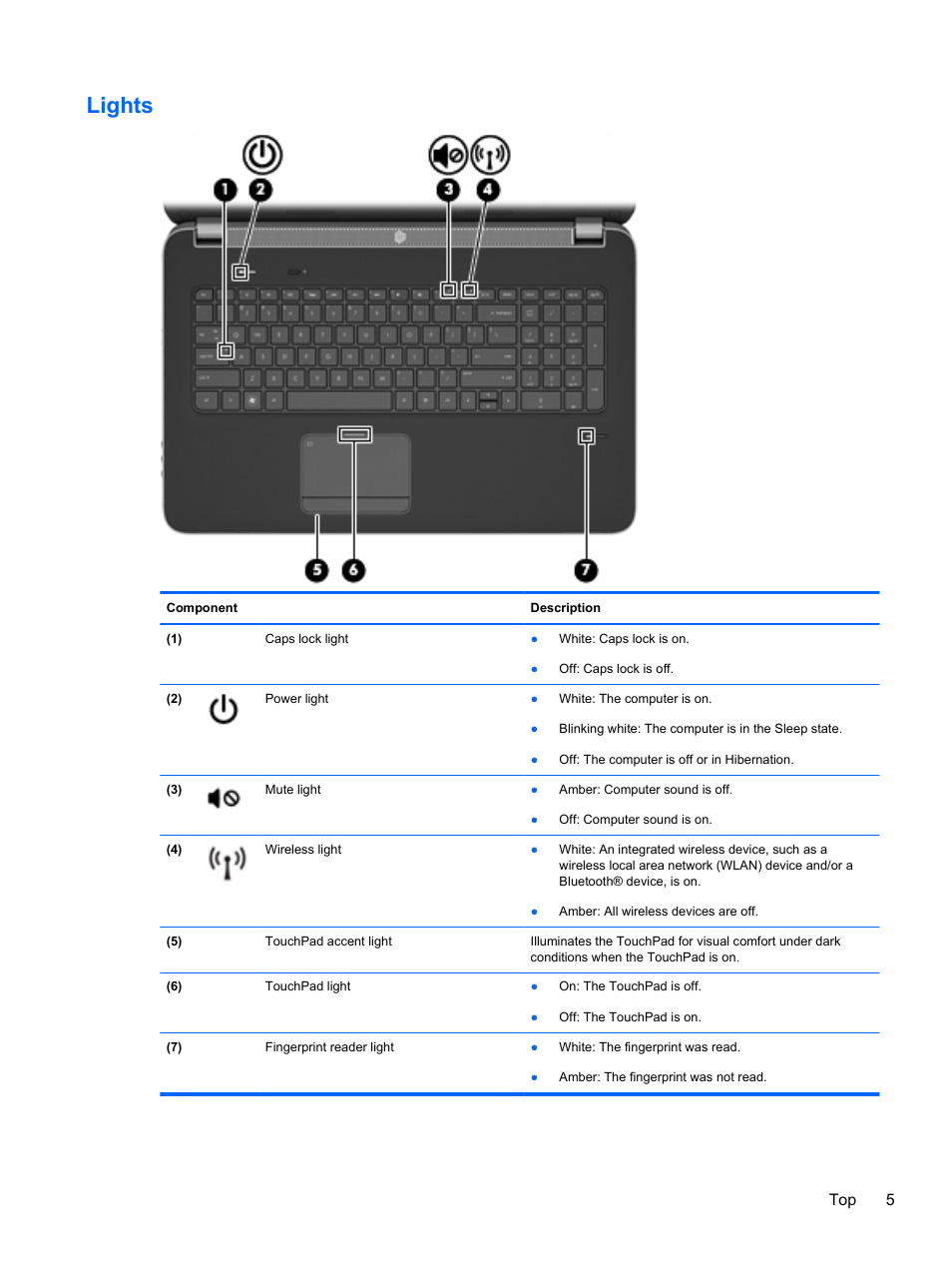 Lights, Top 5 | HP Pavilion dv7-6c73ca Entertainment Notebook PC User Manual | Page 15 / 117