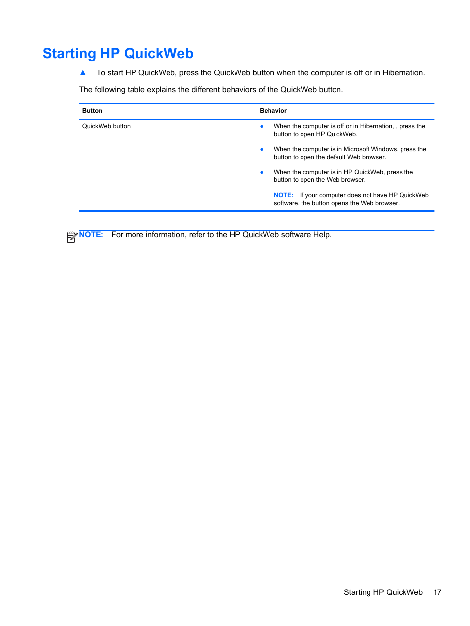 Starting hp quickweb | HP Pavilion dv7-6c73ca Entertainment Notebook PC User Manual | Page 27 / 117