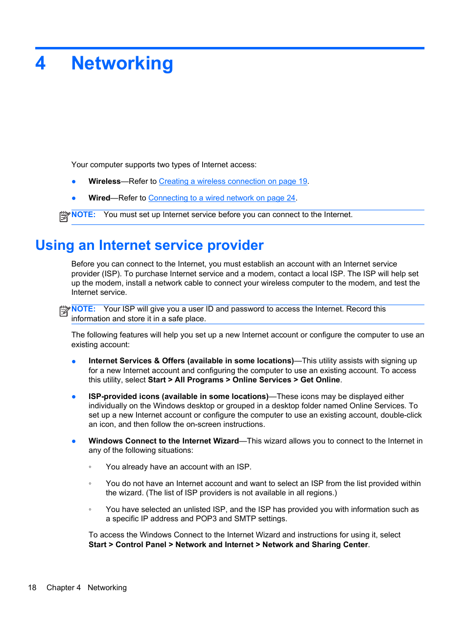 Networking, Using an internet service provider, 4 networking | 4networking | HP Pavilion dv7-6c73ca Entertainment Notebook PC User Manual | Page 28 / 117
