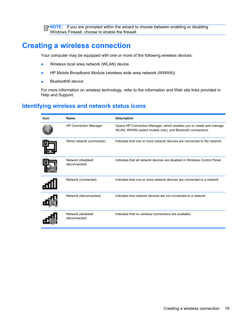 Creating a wireless connection, Identifying wireless and network status icons | HP Pavilion dv7-6c73ca Entertainment Notebook PC User Manual | Page 29 / 117