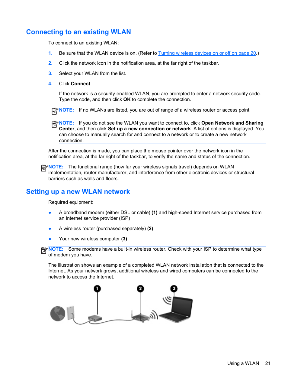Connecting to an existing wlan, Setting up a new wlan network | HP Pavilion dv7-6c73ca Entertainment Notebook PC User Manual | Page 31 / 117