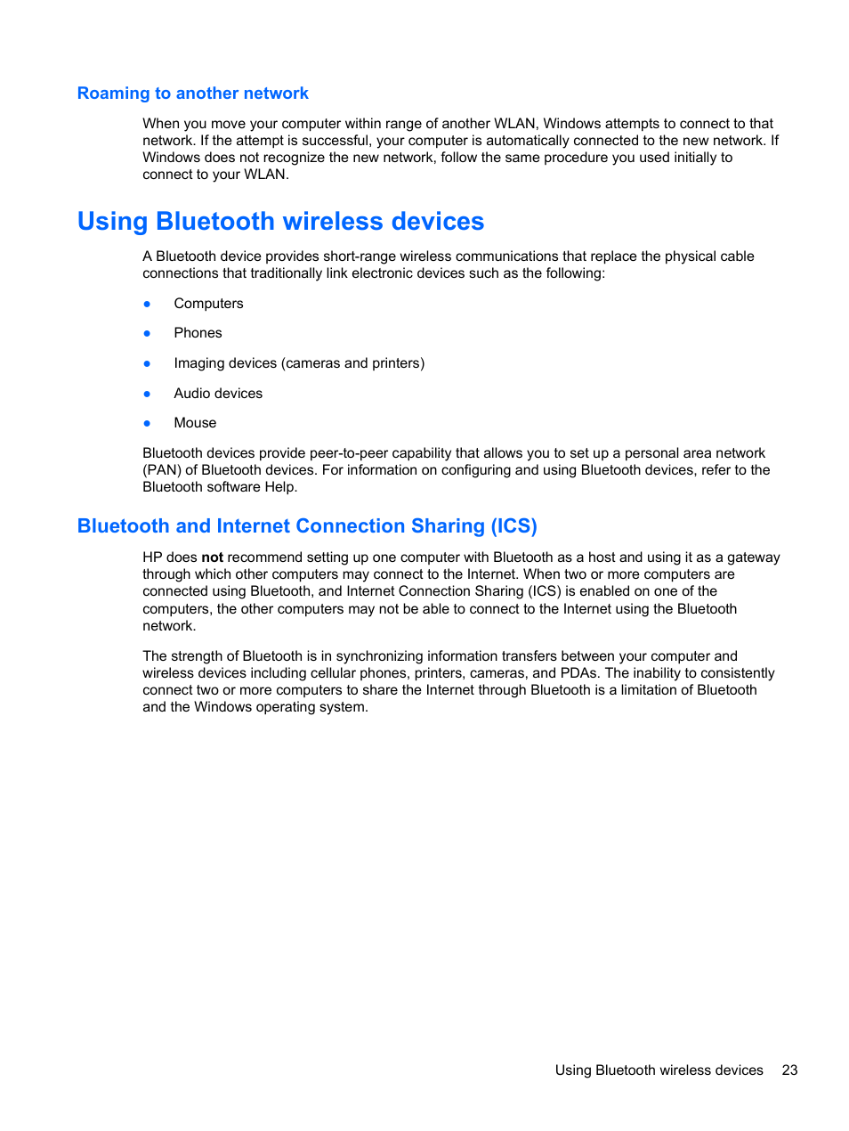 Roaming to another network, Using bluetooth wireless devices, Bluetooth and internet connection sharing (ics) | HP Pavilion dv7-6c73ca Entertainment Notebook PC User Manual | Page 33 / 117