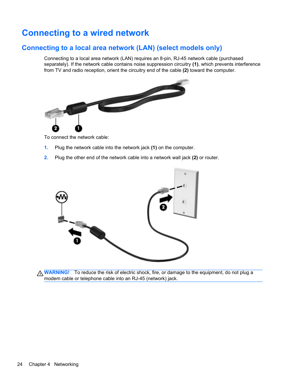 Connecting to a wired network | HP Pavilion dv7-6c73ca Entertainment Notebook PC User Manual | Page 34 / 117