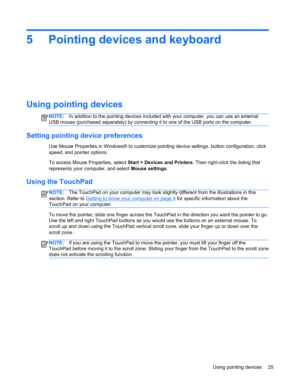 Pointing devices and keyboard, Using pointing devices, Setting pointing device preferences | Using the touchpad, 5 pointing devices and keyboard, Pointing, 5pointing devices and keyboard | HP Pavilion dv7-6c73ca Entertainment Notebook PC User Manual | Page 35 / 117