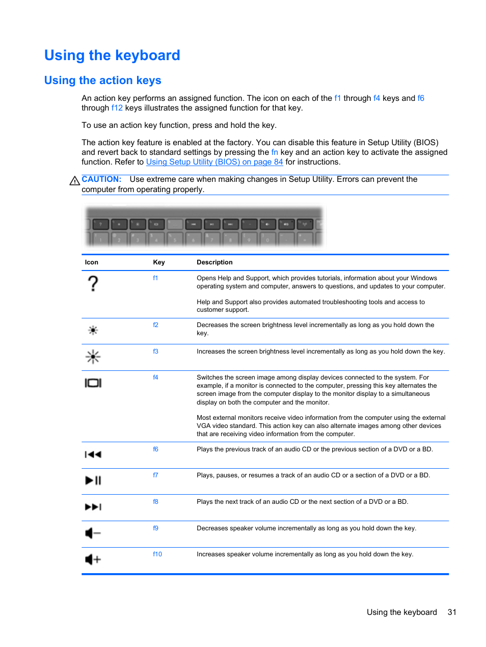 Using the keyboard, Using the action keys | HP Pavilion dv7-6c73ca Entertainment Notebook PC User Manual | Page 41 / 117