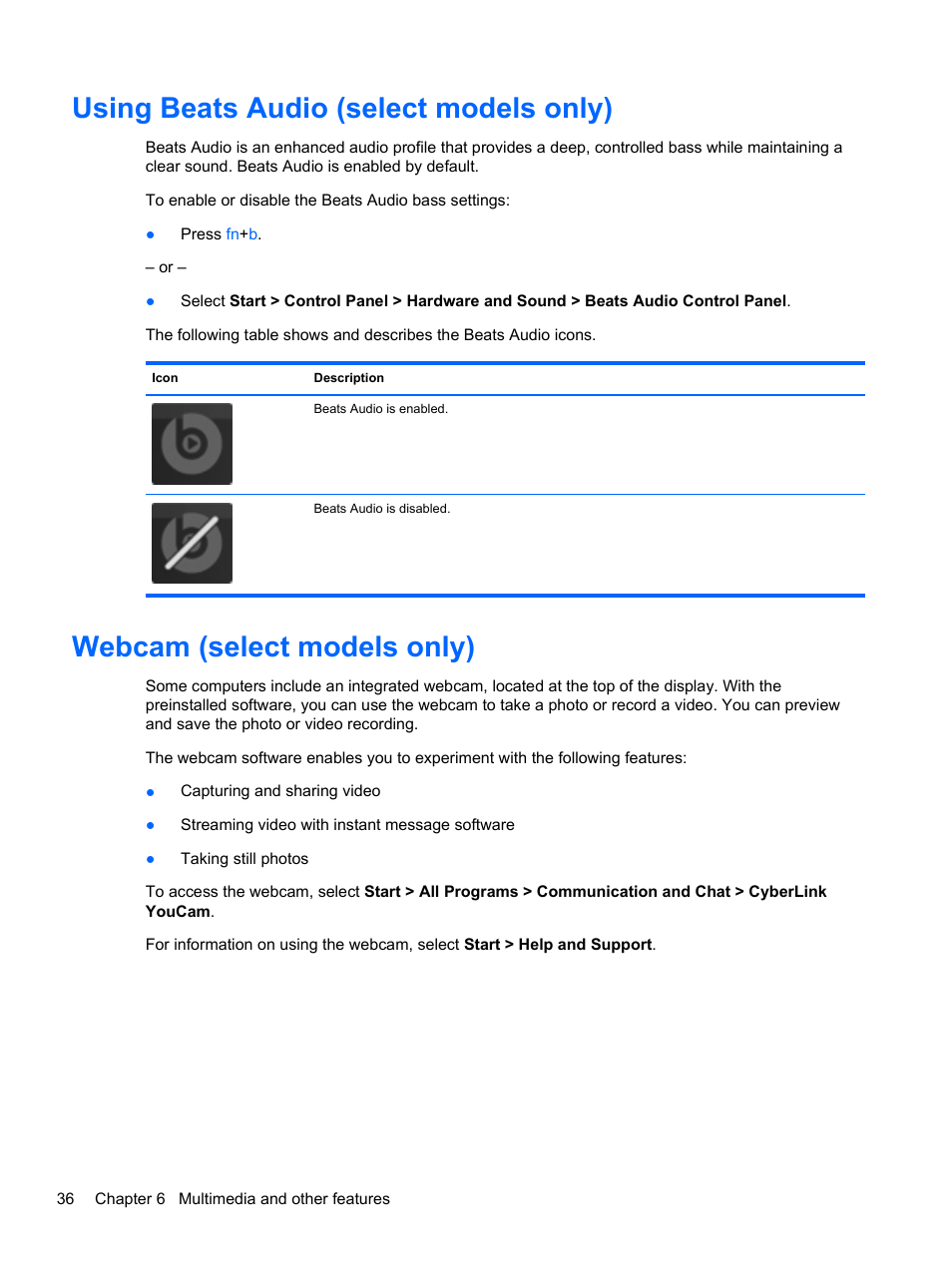 Using beats audio (select models only), Webcam (select models only) | HP Pavilion dv7-6c73ca Entertainment Notebook PC User Manual | Page 46 / 117