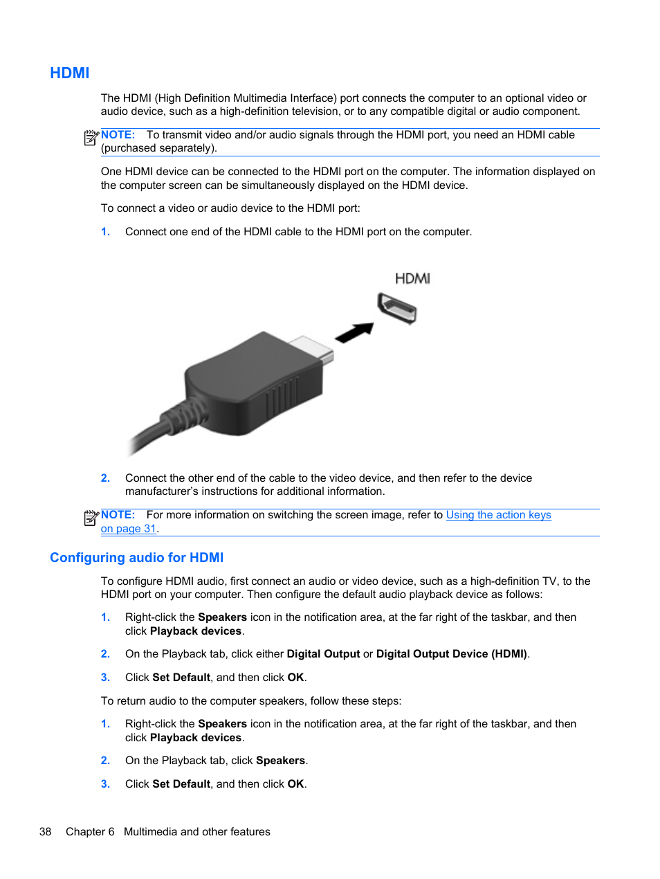 Hdmi, Configuring audio for hdmi | HP Pavilion dv7-6c73ca Entertainment Notebook PC User Manual | Page 48 / 117