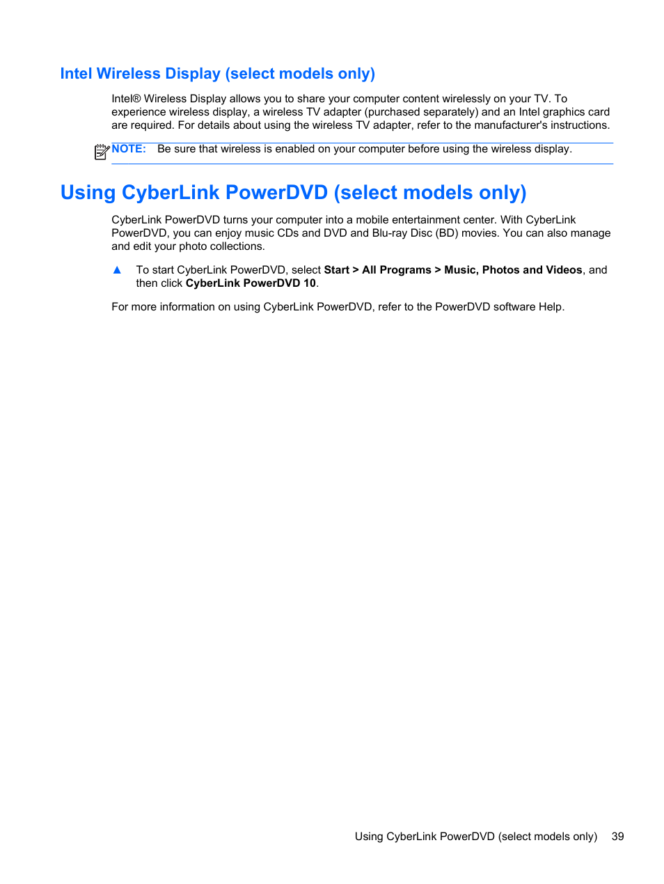 Intel wireless display (select models only), Using cyberlink powerdvd (select models only) | HP Pavilion dv7-6c73ca Entertainment Notebook PC User Manual | Page 49 / 117