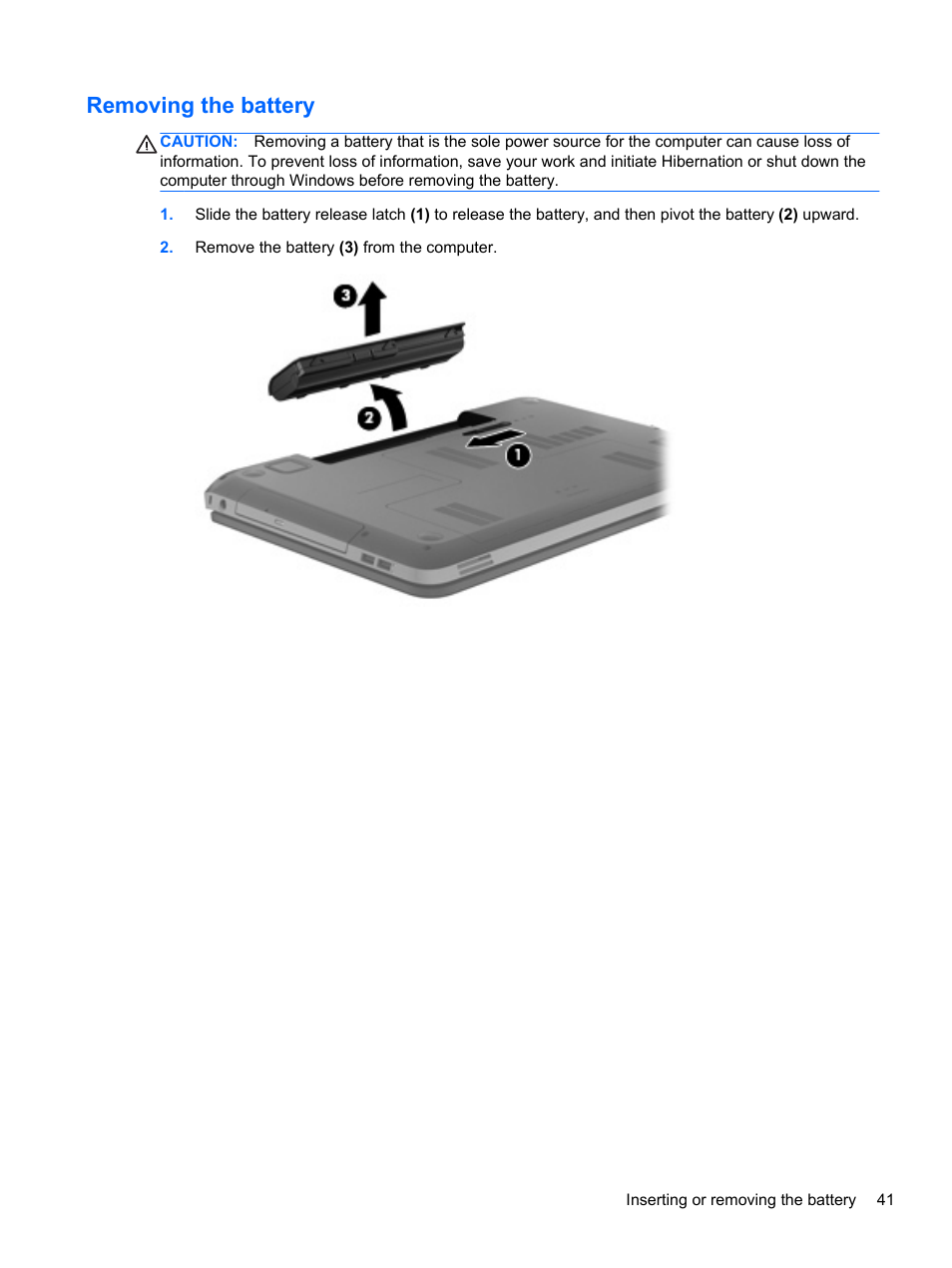 Removing the battery | HP Pavilion dv7-6c73ca Entertainment Notebook PC User Manual | Page 51 / 117