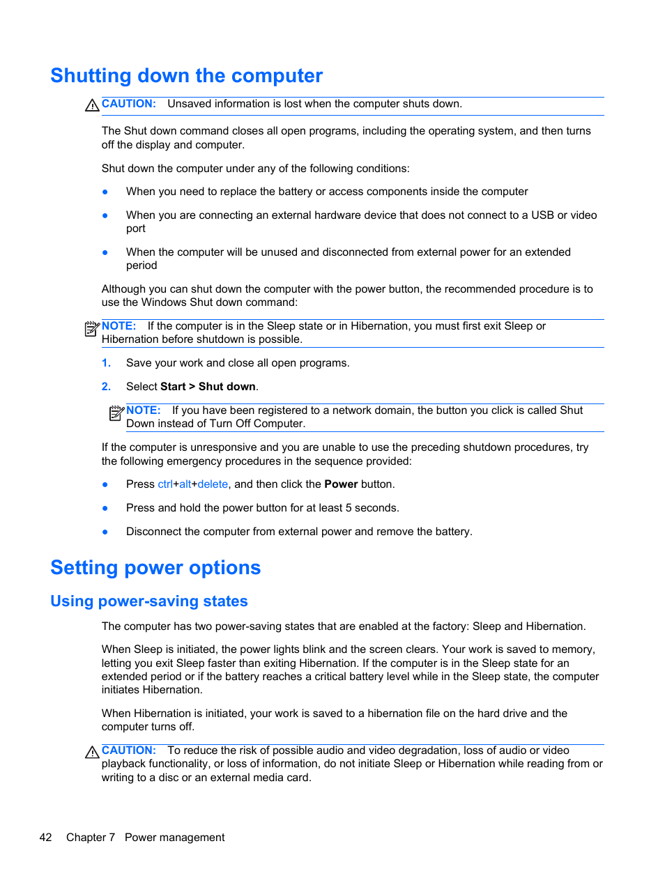 Shutting down the computer, Setting power options, Using power-saving states | Shutting down the computer setting power options | HP Pavilion dv7-6c73ca Entertainment Notebook PC User Manual | Page 52 / 117
