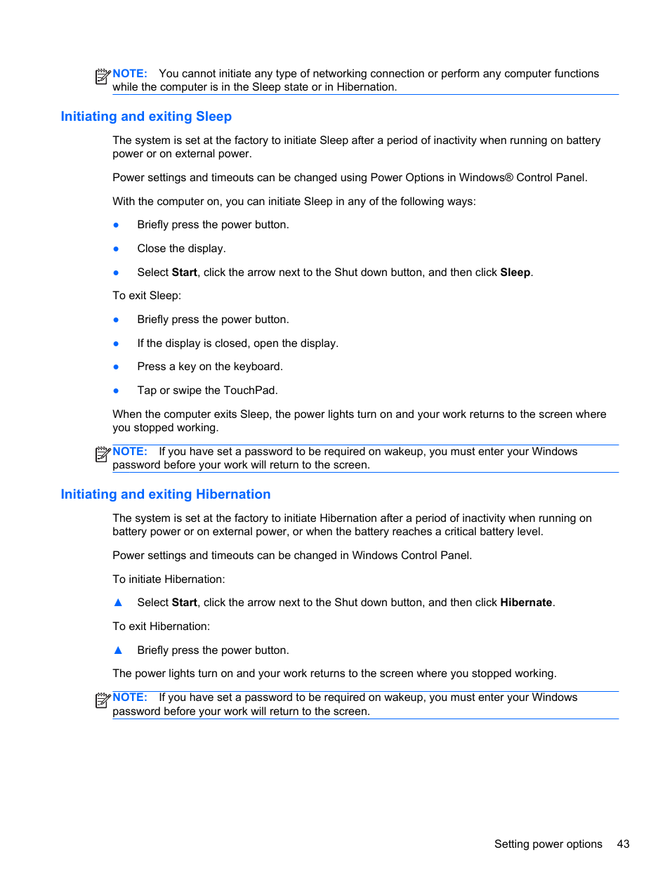Initiating and exiting sleep, Initiating and exiting hibernation | HP Pavilion dv7-6c73ca Entertainment Notebook PC User Manual | Page 53 / 117