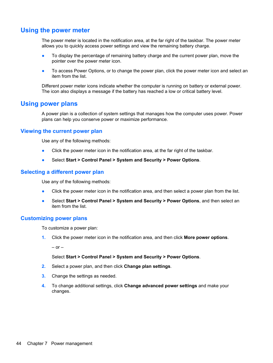 Using the power meter, Using power plans, Viewing the current power plan | Selecting a different power plan, Customizing power plans, Using the power meter using power plans | HP Pavilion dv7-6c73ca Entertainment Notebook PC User Manual | Page 54 / 117