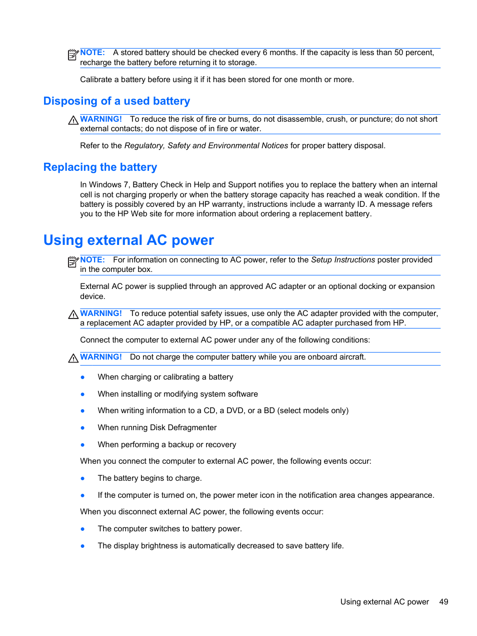 Disposing of a used battery, Replacing the battery, Using external ac power | Disposing of a used battery replacing the battery | HP Pavilion dv7-6c73ca Entertainment Notebook PC User Manual | Page 59 / 117
