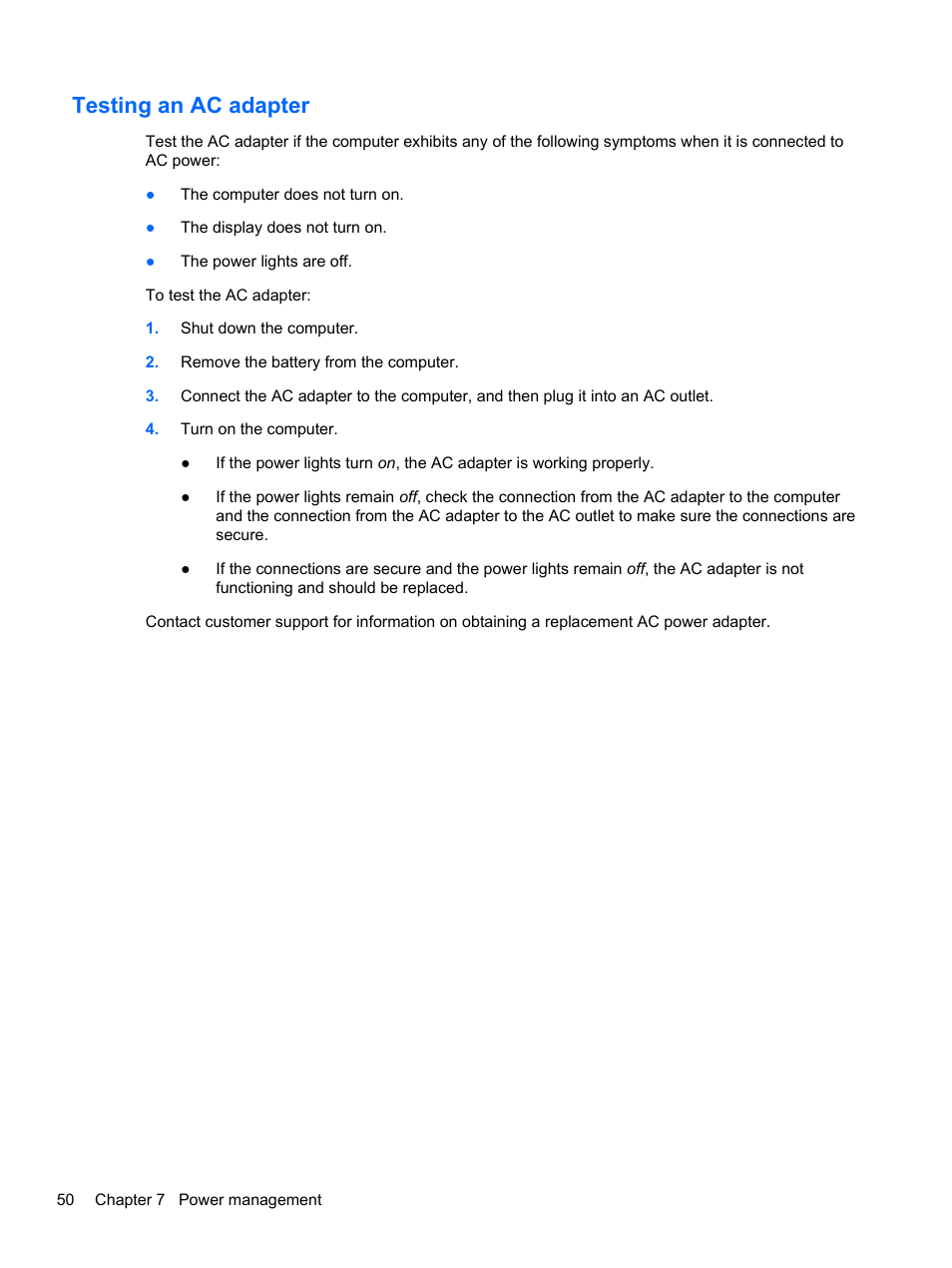 Testing an ac adapter | HP Pavilion dv7-6c73ca Entertainment Notebook PC User Manual | Page 60 / 117