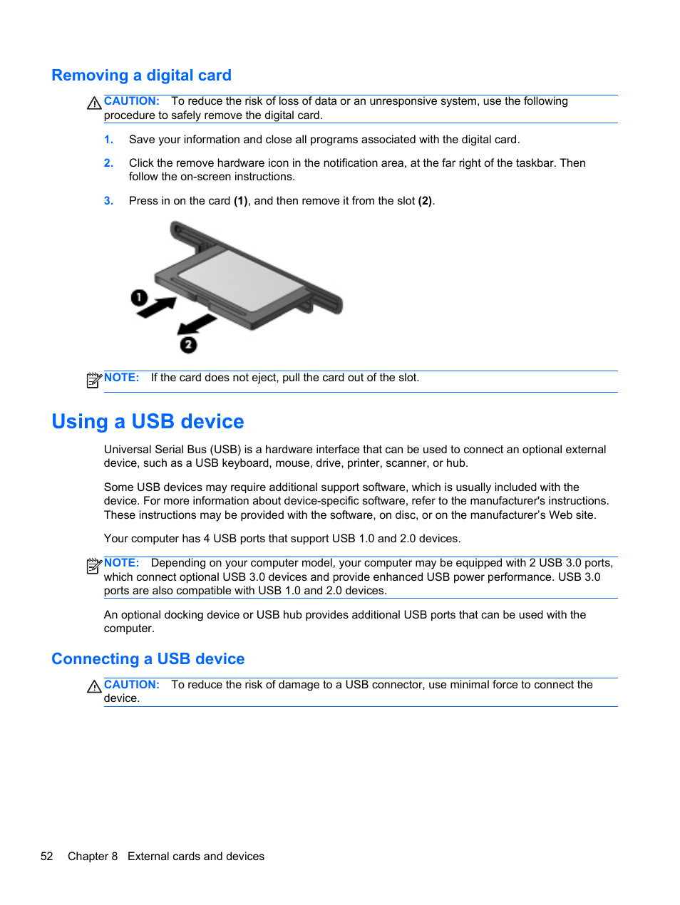 Removing a digital card, Using a usb device, Connecting a usb device | HP Pavilion dv7-6c73ca Entertainment Notebook PC User Manual | Page 62 / 117
