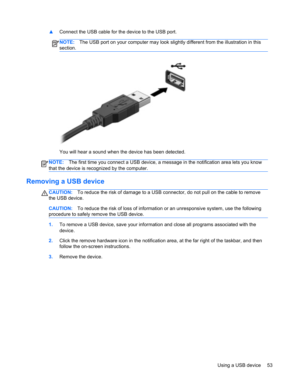 Removing a usb device | HP Pavilion dv7-6c73ca Entertainment Notebook PC User Manual | Page 63 / 117