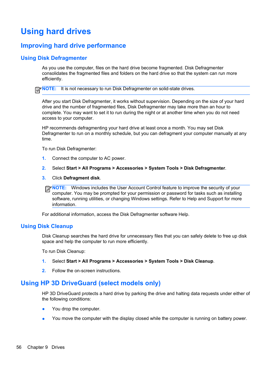 Using hard drives, Improving hard drive performance, Using disk defragmenter | Using disk cleanup, Using hp 3d driveguard (select models only), Using disk defragmenter using disk cleanup | HP Pavilion dv7-6c73ca Entertainment Notebook PC User Manual | Page 66 / 117