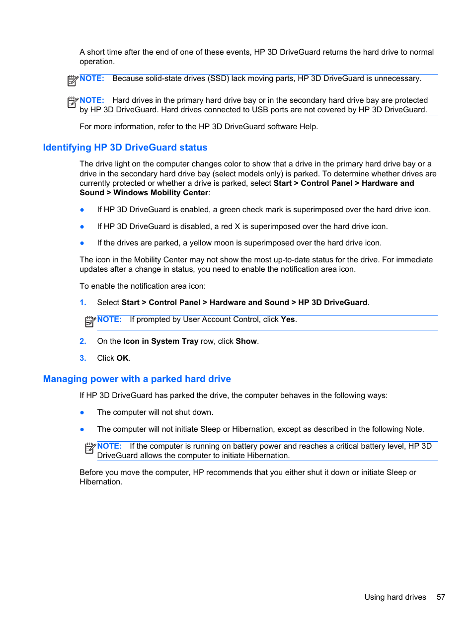 Identifying hp 3d driveguard status, Managing power with a parked hard drive | HP Pavilion dv7-6c73ca Entertainment Notebook PC User Manual | Page 67 / 117