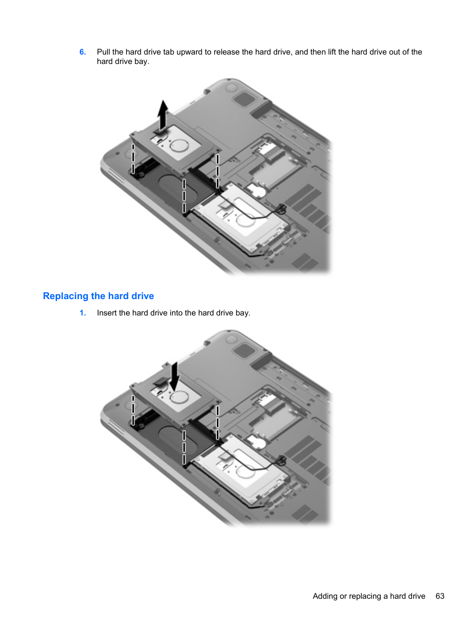 Replacing the hard drive | HP Pavilion dv7-6c73ca Entertainment Notebook PC User Manual | Page 73 / 117