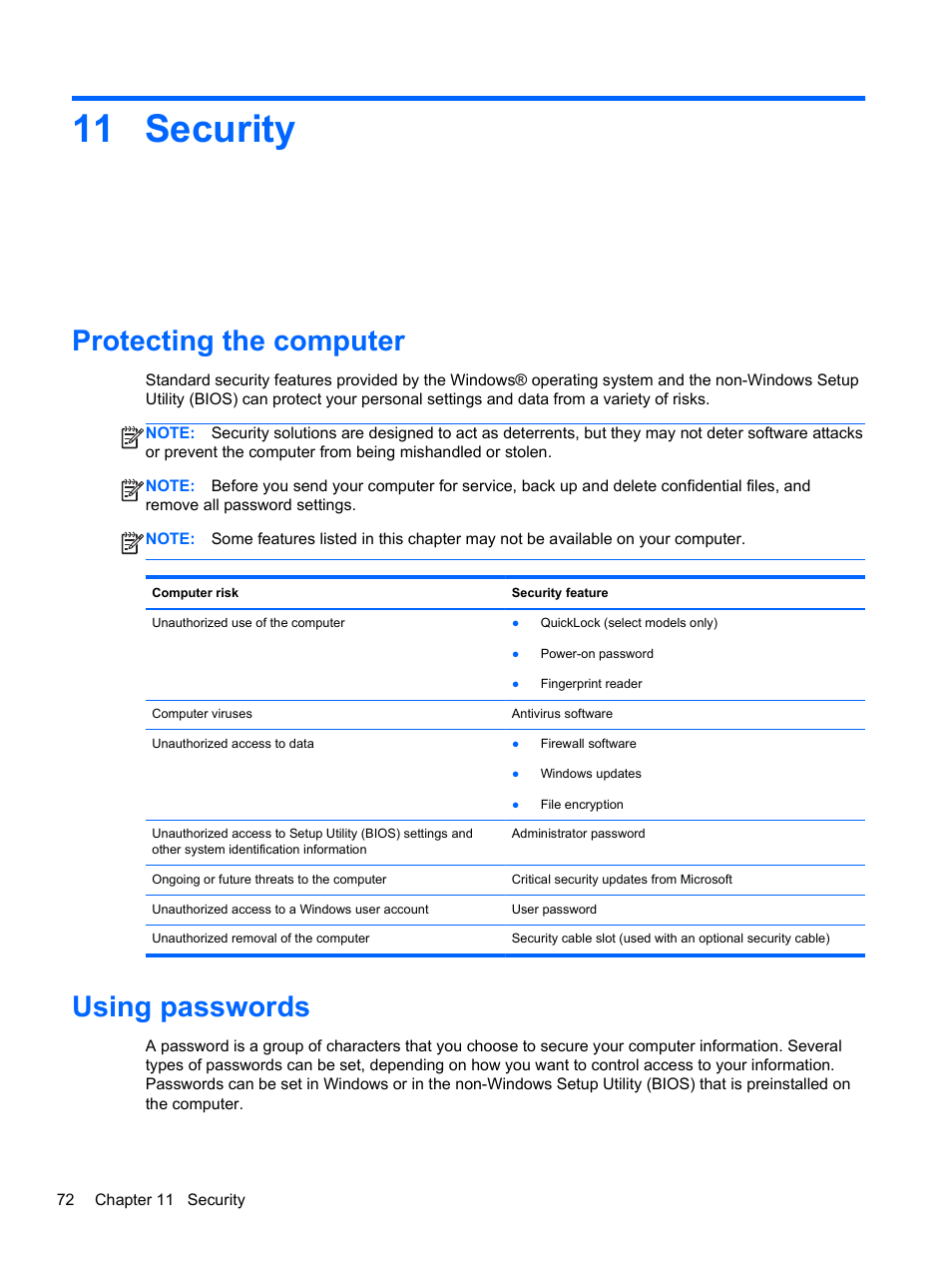 Security, Protecting the computer, Using passwords | 11 security, Protecting the computer using passwords | HP Pavilion dv7-6c73ca Entertainment Notebook PC User Manual | Page 82 / 117