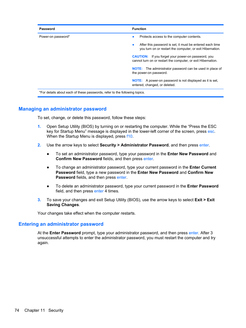 Managing an administrator password, Entering an administrator password | HP Pavilion dv7-6c73ca Entertainment Notebook PC User Manual | Page 84 / 117