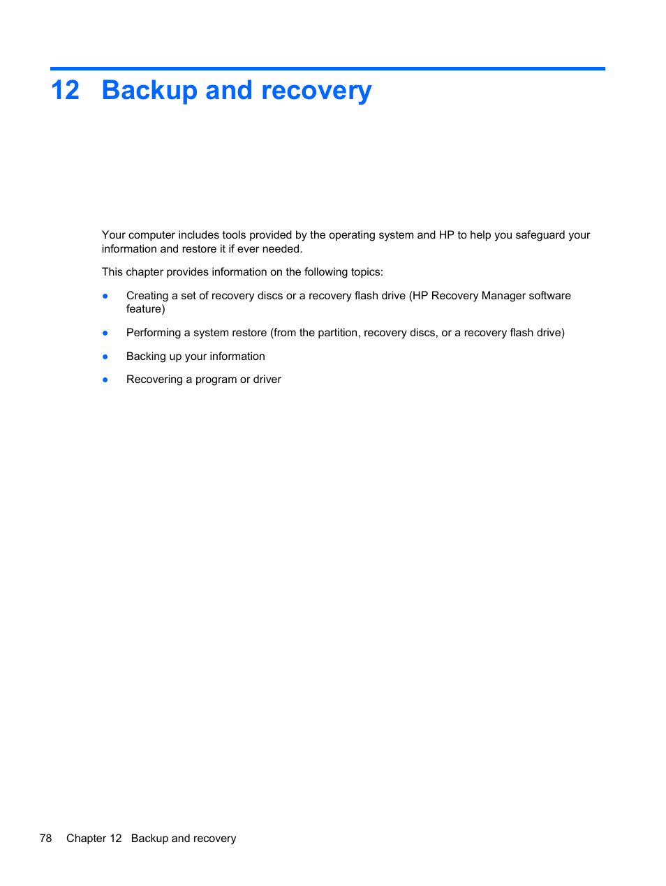 Backup and recovery, 12 backup and recovery | HP Pavilion dv7-6c73ca Entertainment Notebook PC User Manual | Page 88 / 117