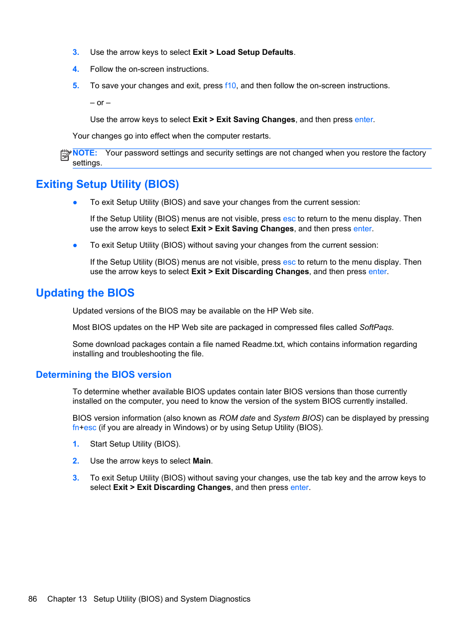 Exiting setup utility (bios), Updating the bios, Determining the bios version | Exiting setup utility (bios) updating the bios | HP Pavilion dv7-6c73ca Entertainment Notebook PC User Manual | Page 96 / 117