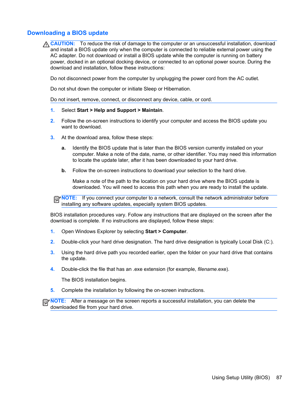 Downloading a bios update | HP Pavilion dv7-6c73ca Entertainment Notebook PC User Manual | Page 97 / 117