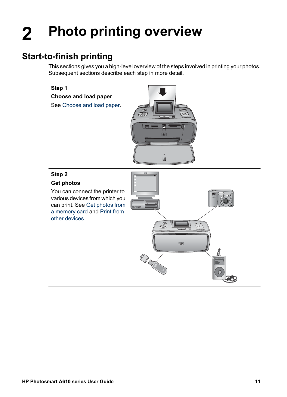 Photo printing overview, Start-to-finish printing, Photo printing overview start-to-finish printing | HP Photosmart A617 Compact Photo Printer User Manual | Page 14 / 70