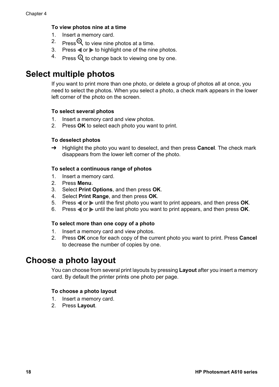 Select multiple photos, Choose a photo layout, Select multiple photos choose a photo layout | HP Photosmart A617 Compact Photo Printer User Manual | Page 21 / 70