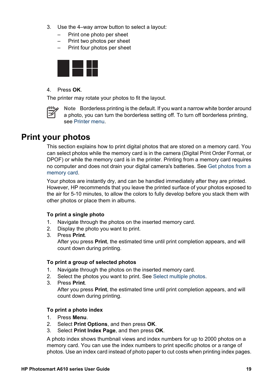 Print your photos, Print, Your photos | HP Photosmart A617 Compact Photo Printer User Manual | Page 22 / 70